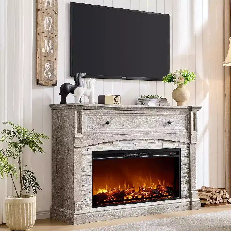 52" Fireplace TV Stand with Hidden Flip-Top Storage, Remote Control & 3D Flame Effect