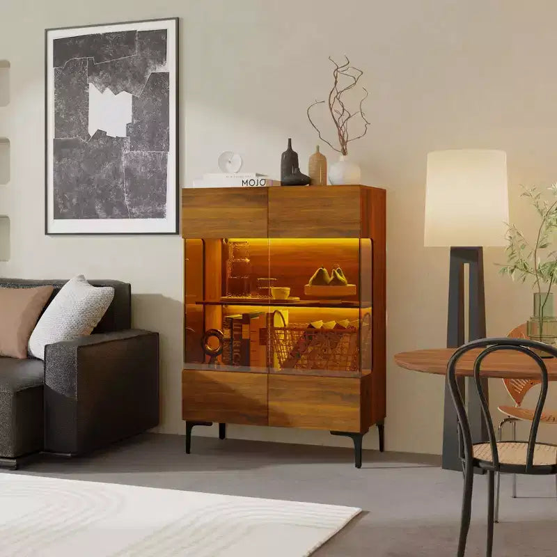 Contemporary Display Cabinet with Warm LED Light & Glass Front — Multifunctional Bookcase