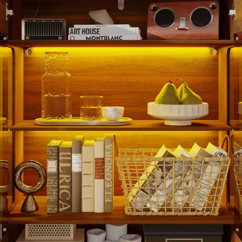 Contemporary Display Cabinet with Warm LED Light & Glass Front — Multifunctional Bookcase