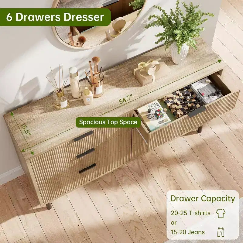 Fluted 6-Drawer Dresser with Metal Feet and Handles — Modern Wooden Storage Chest