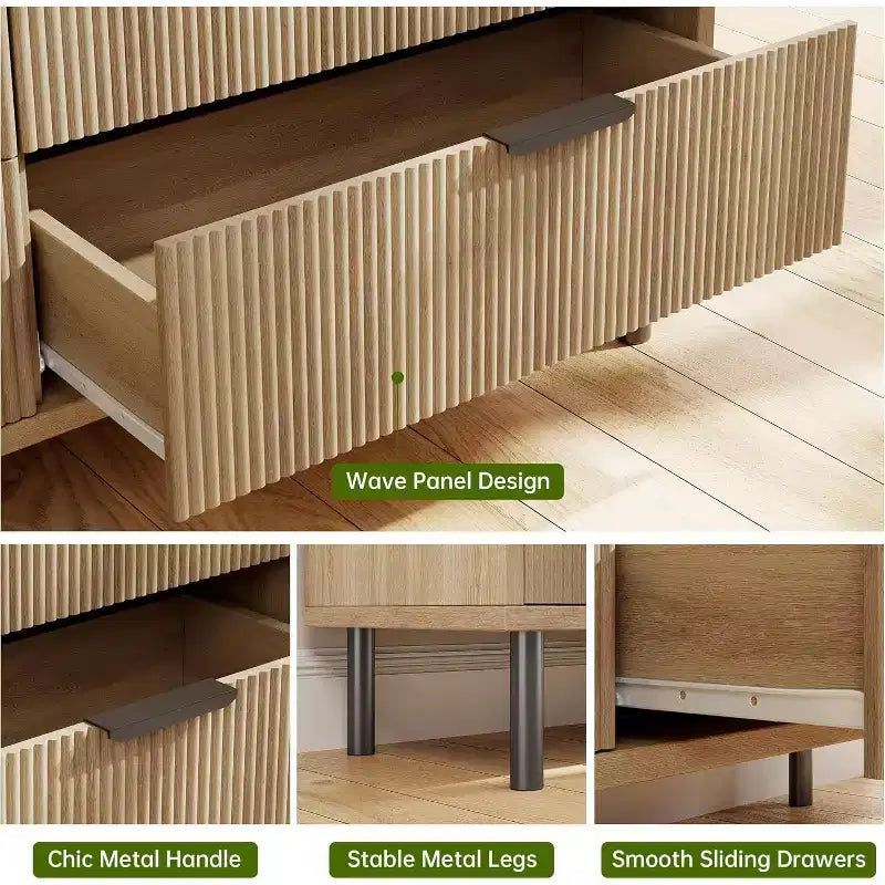 Fluted 6-Drawer Dresser with Metal Feet and Handles — Modern Wooden Storage Chest