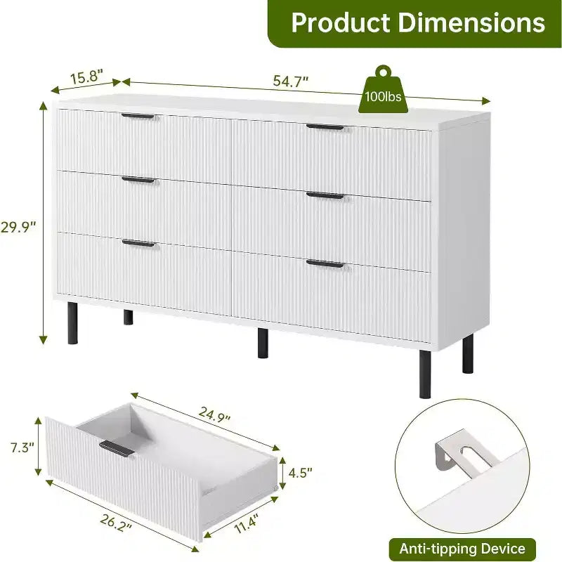 Fluted 6-Drawer Dresser with Metal Feet and Handles — Modern Wooden Storage Chest
