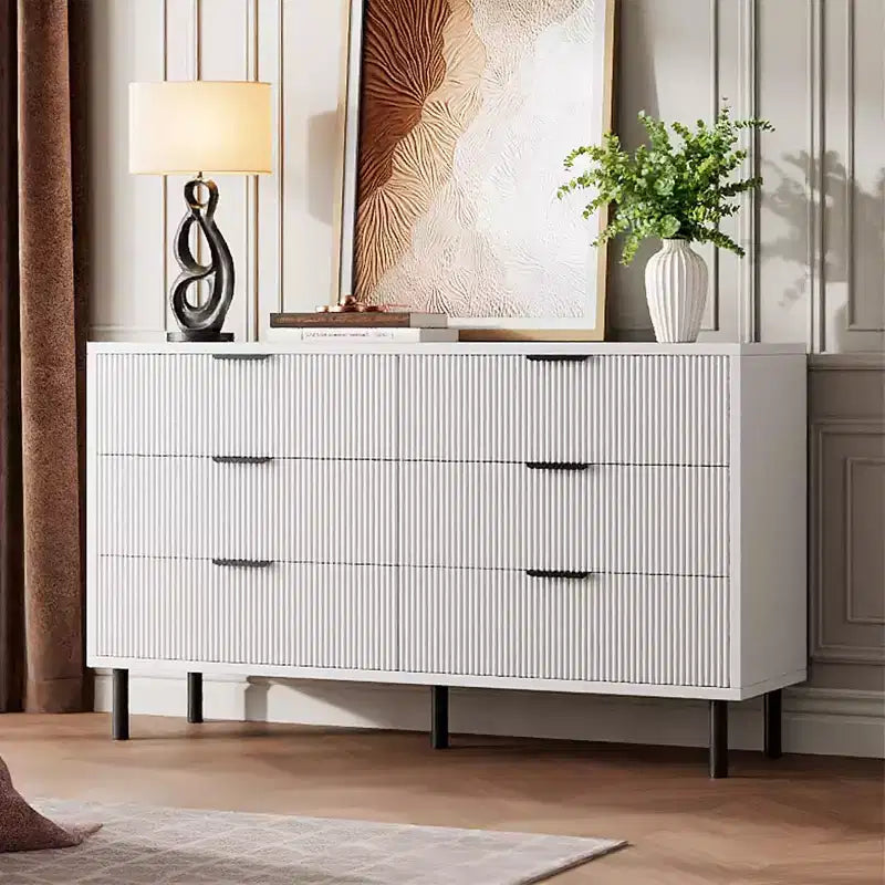 Fluted 6-Drawer Dresser with Metal Feet and Handles — Modern Wooden Storage Chest