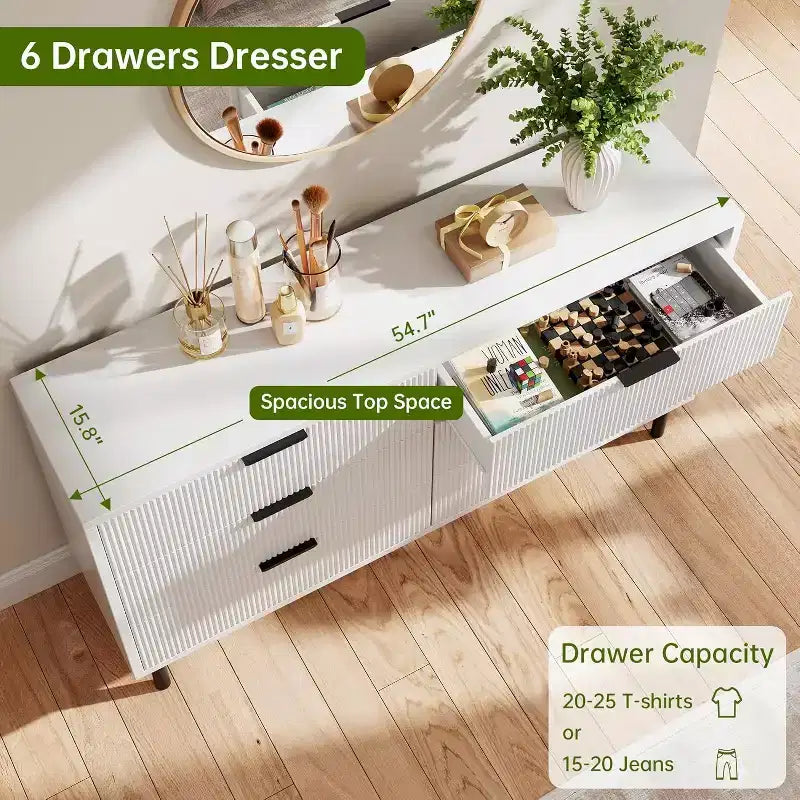 Fluted 6-Drawer Dresser with Metal Feet and Handles — Modern Wooden Storage Chest