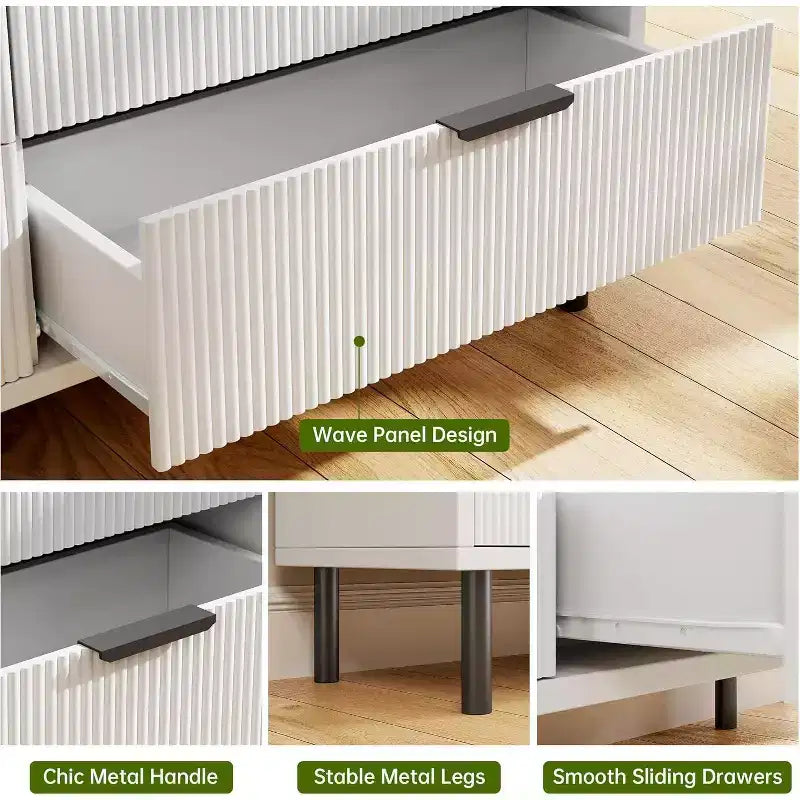 Fluted 6-Drawer Dresser with Metal Feet and Handles — Modern Wooden Storage Chest