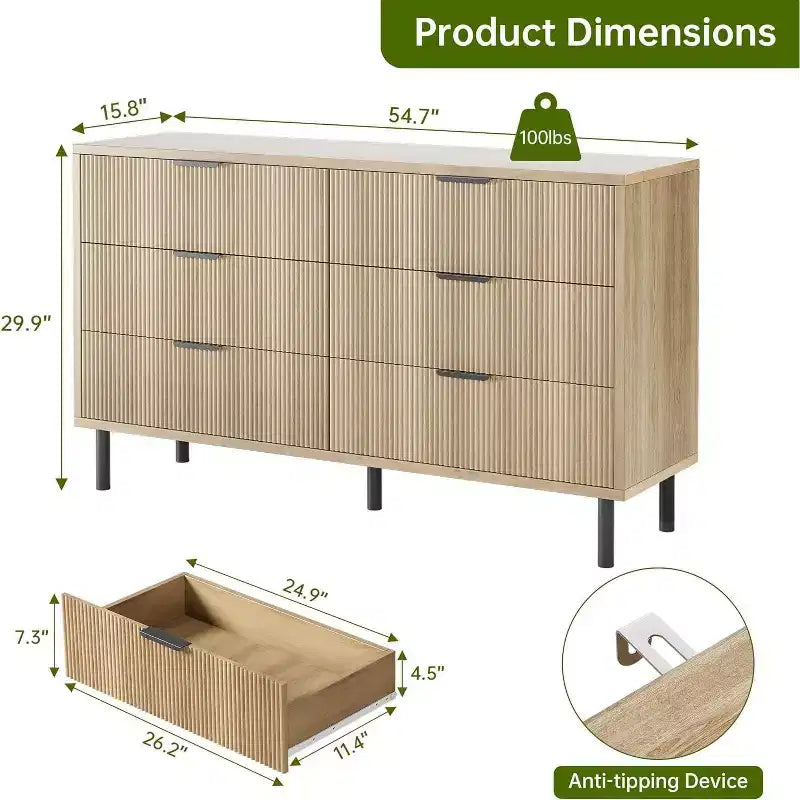 Fluted 6-Drawer Dresser with Metal Feet and Handles — Modern Wooden Storage Chest