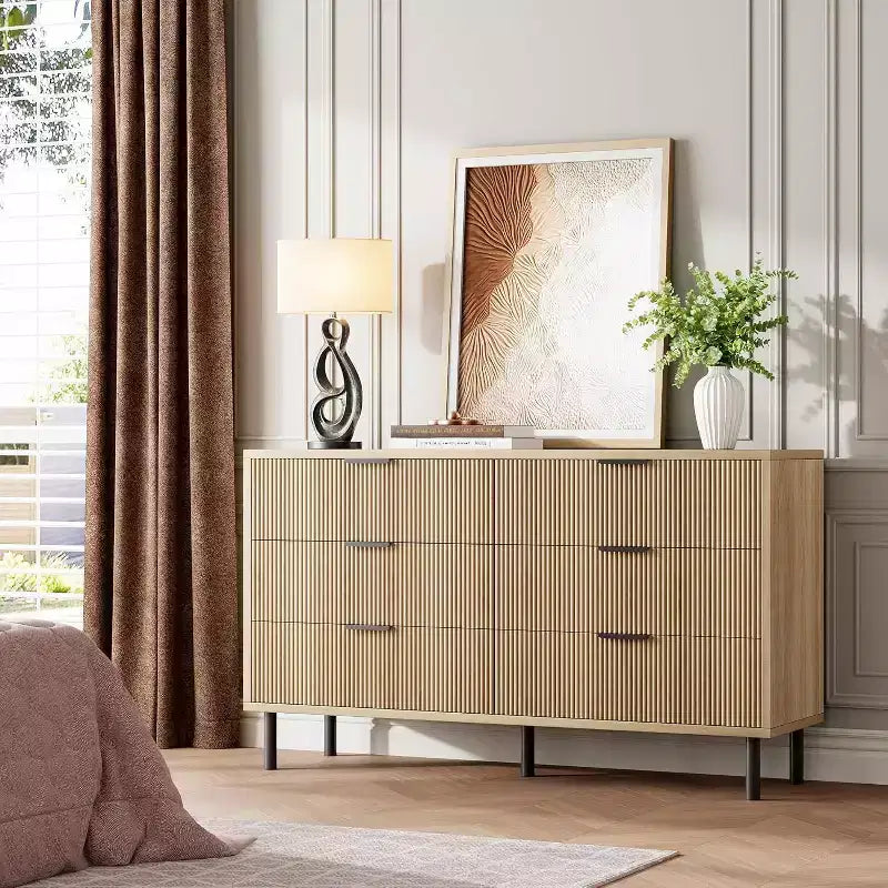 Fluted 6-Drawer Dresser with Metal Feet and Handles — Modern Wooden Storage Chest