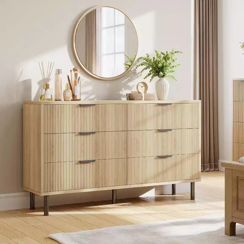 Fluted 6-Drawer Dresser with Metal Feet and Handles — Modern Wooden Storage Chest