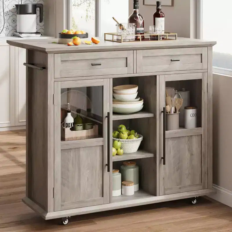 Mobile Kitchen Island Rolling Cart with Drop Leaf Top, 2 Glass Doors, Spice Rack & Towel Bar