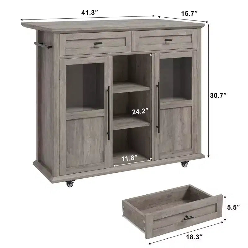 Mobile Kitchen Island Rolling Cart with Drop Leaf Top, 2 Glass Doors, Spice Rack & Towel Bar