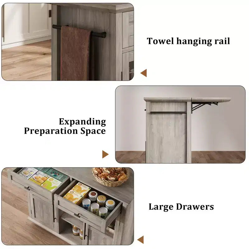 Mobile Kitchen Island Rolling Cart with Drop Leaf Top, 2 Glass Doors, Spice Rack & Towel Bar