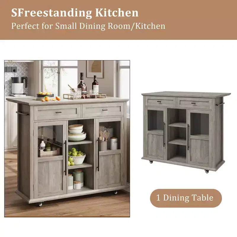 Mobile Kitchen Island Rolling Cart with Drop Leaf Top, 2 Glass Doors, Spice Rack & Towel Bar