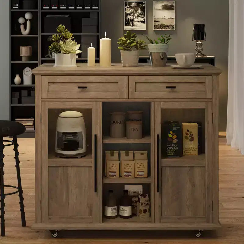 Mobile Kitchen Island Rolling Cart with Drop Leaf Top, 2 Glass Doors, Spice Rack & Towel Bar