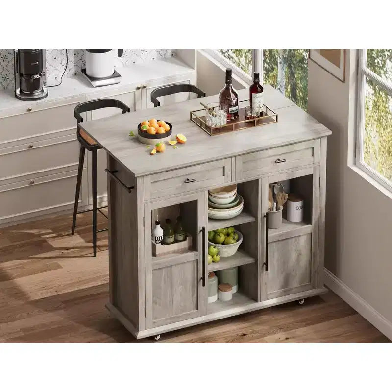 Mobile Kitchen Island Rolling Cart with Drop Leaf Top, 2 Glass Doors, Spice Rack & Towel Bar