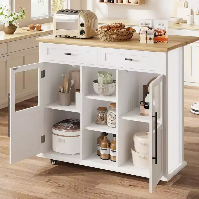 Mobile Kitchen Island Rolling Cart with Drop Leaf Top, 2 Glass Doors, Spice Rack & Towel Bar