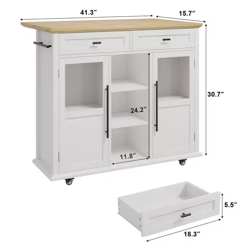 Mobile Kitchen Island Rolling Cart with Drop Leaf Top, 2 Glass Doors, Spice Rack & Towel Bar