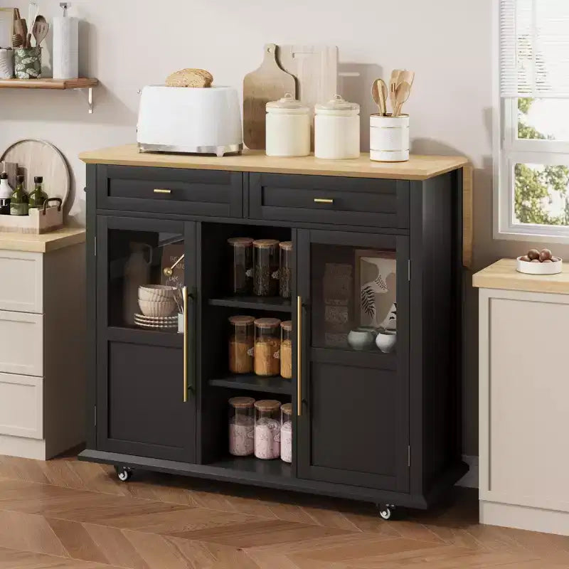 Mobile Kitchen Island Rolling Cart with Drop Leaf Top, 2 Glass Doors, Spice Rack & Towel Bar