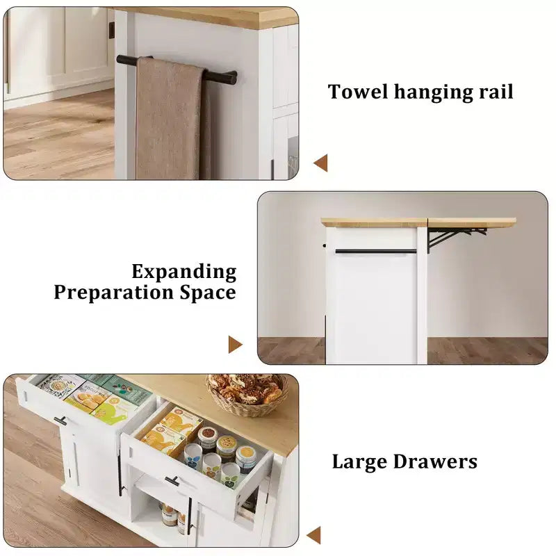 Mobile Kitchen Island Rolling Cart with Drop Leaf Top, 2 Glass Doors, Spice Rack & Towel Bar