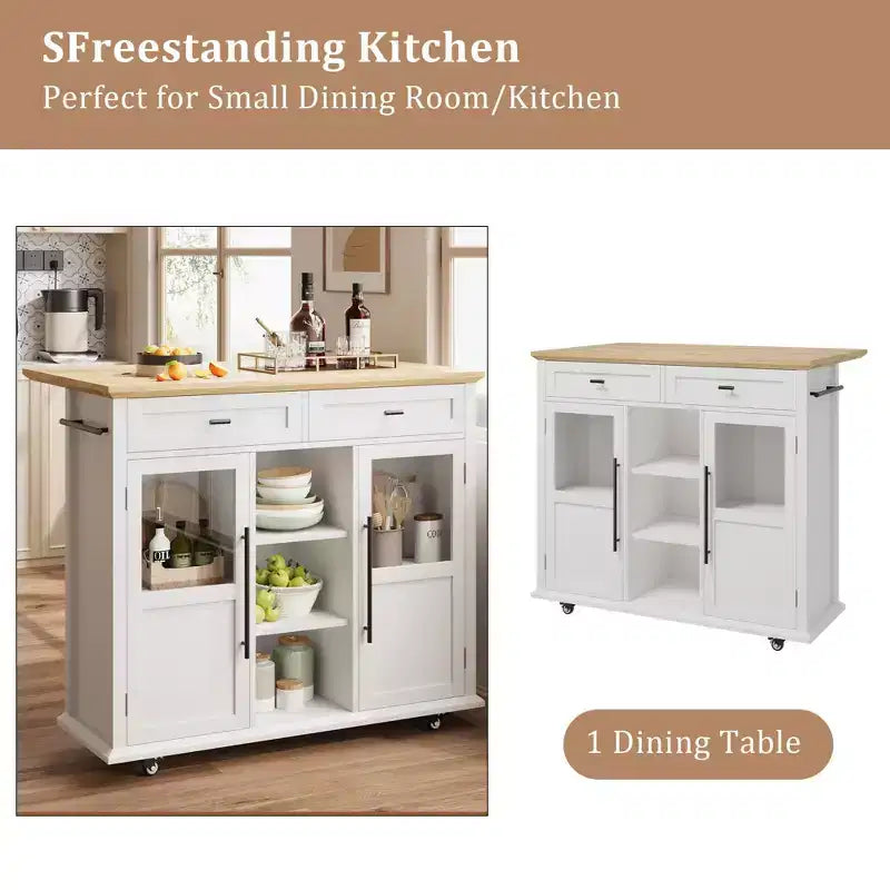 Mobile Kitchen Island Rolling Cart with Drop Leaf Top, 2 Glass Doors, Spice Rack & Towel Bar