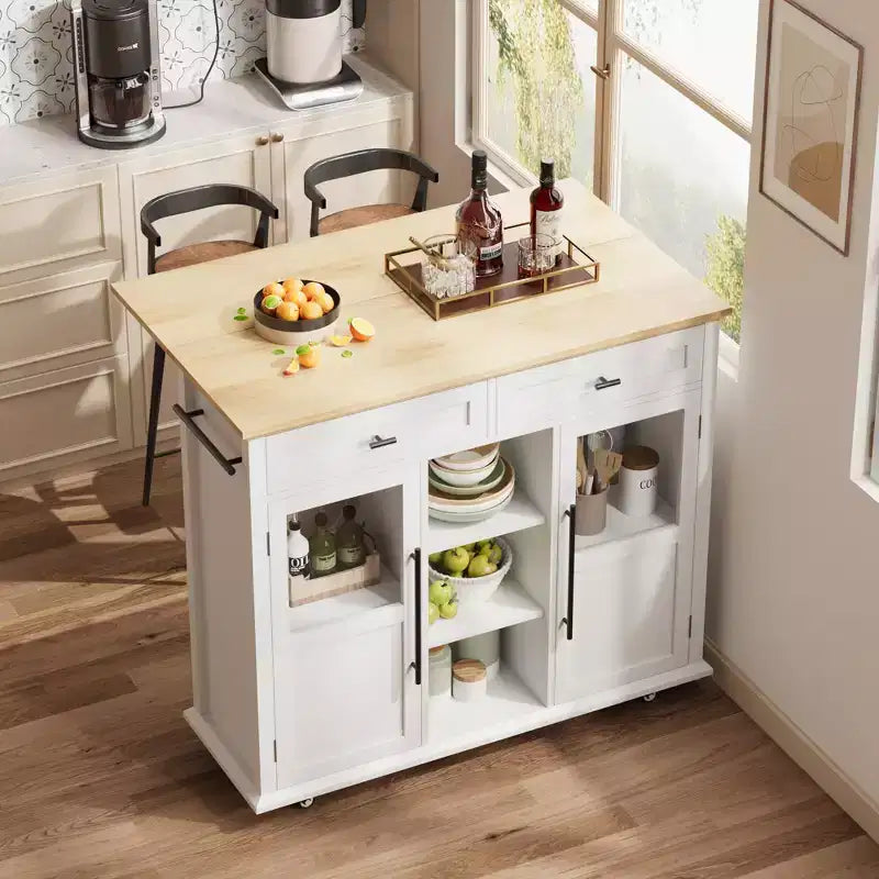 Mobile Kitchen Island Rolling Cart with Drop Leaf Top, 2 Glass Doors, Spice Rack & Towel Bar