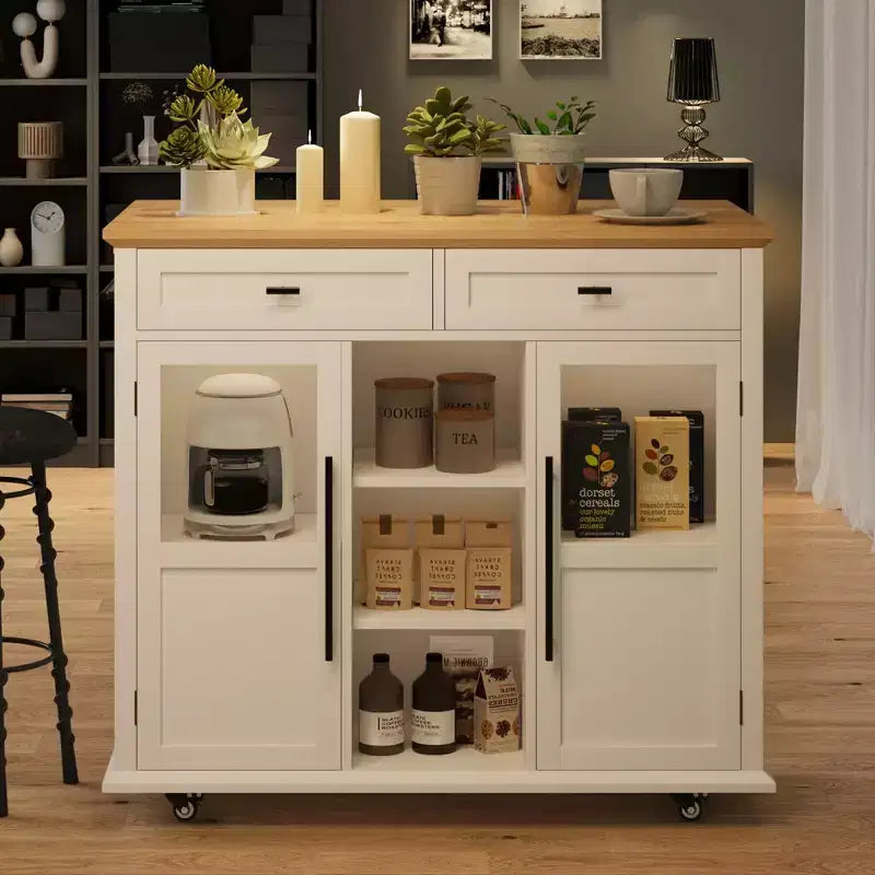 Mobile Kitchen Island Rolling Cart with Drop Leaf Top, 2 Glass Doors, Spice Rack & Towel Bar
