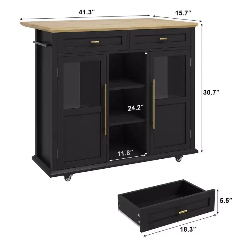 Mobile Kitchen Island Rolling Cart with Drop Leaf Top, 2 Glass Doors, Spice Rack & Towel Bar