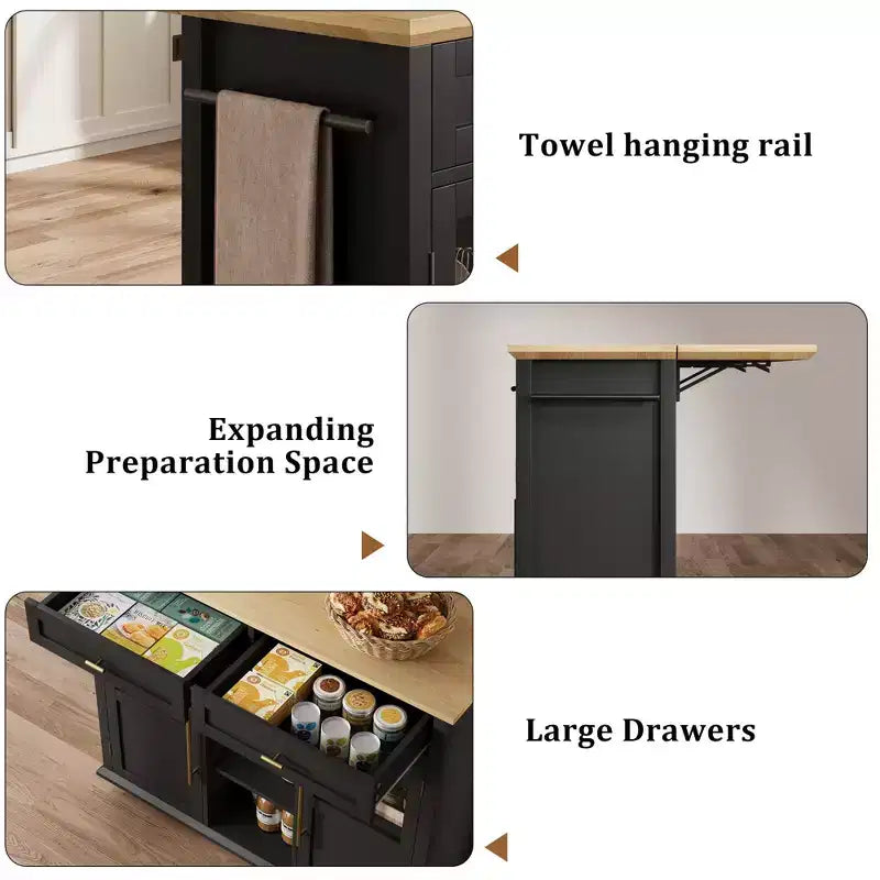 Mobile Kitchen Island Rolling Cart with Drop Leaf Top, 2 Glass Doors, Spice Rack & Towel Bar