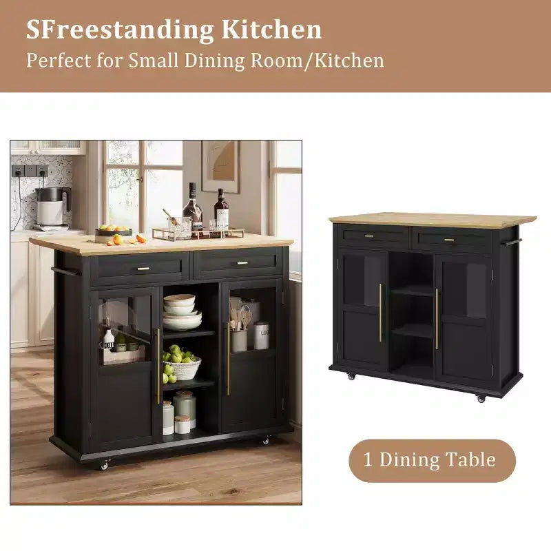 Mobile Kitchen Island Rolling Cart with Drop Leaf Top, 2 Glass Doors, Spice Rack & Towel Bar
