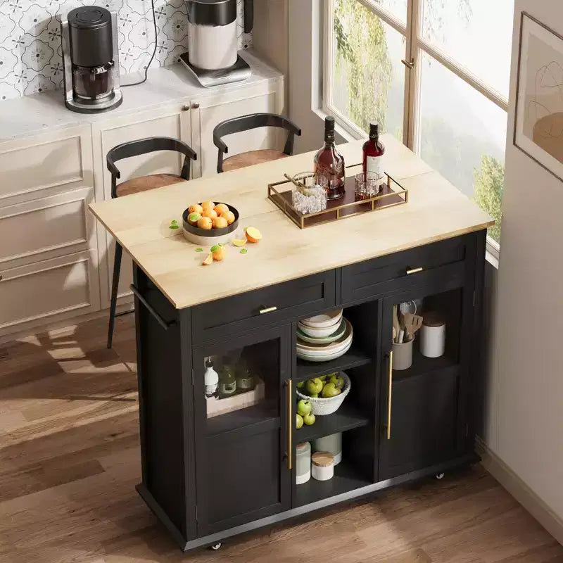Mobile Kitchen Island Rolling Cart with Drop Leaf Top, 2 Glass Doors, Spice Rack & Towel Bar