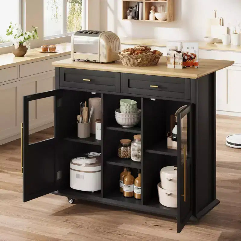Mobile Kitchen Island Rolling Cart with Drop Leaf Top, 2 Glass Doors, Spice Rack & Towel Bar