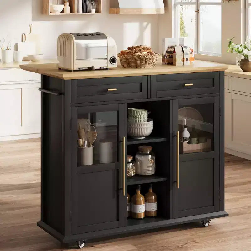 Mobile Kitchen Island Rolling Cart with Drop Leaf Top, 2 Glass Doors, Spice Rack & Towel Bar