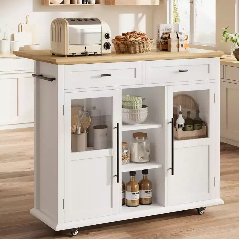 Mobile Kitchen Island Rolling Cart with Drop Leaf Top, 2 Glass Doors, Spice Rack & Towel Bar