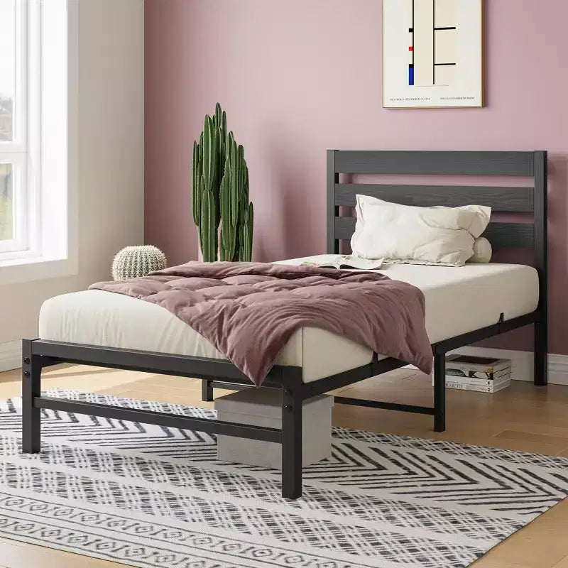 Black Platform Bed Frame with Rustic Vintage Wood Headboard — No Box Spring Needed