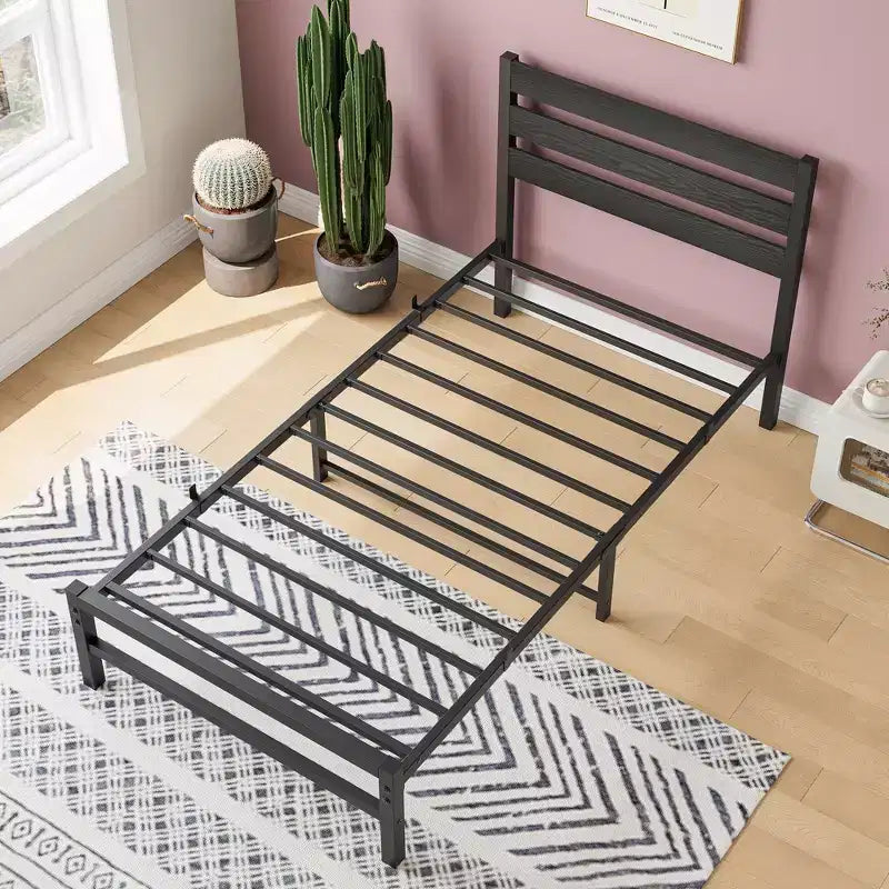Black Platform Bed Frame with Rustic Vintage Wood Headboard — No Box Spring Needed
