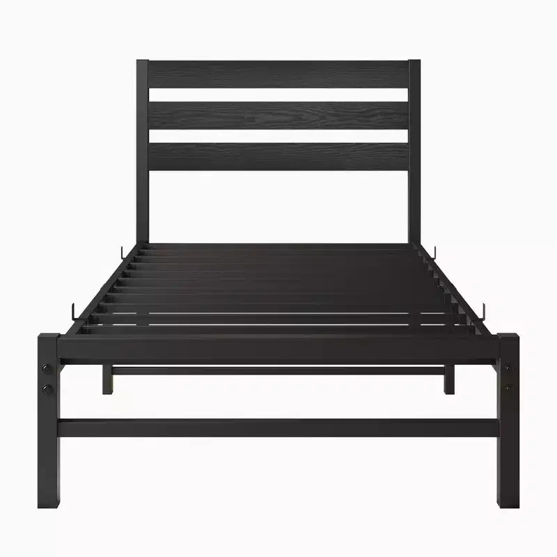 Black Platform Bed Frame with Rustic Vintage Wood Headboard — No Box Spring Needed