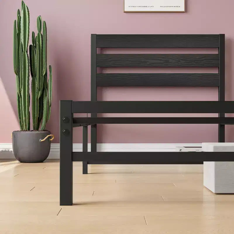 Black Platform Bed Frame with Rustic Vintage Wood Headboard — No Box Spring Needed