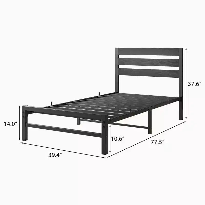 Black Platform Bed Frame with Rustic Vintage Wood Headboard — No Box Spring Needed