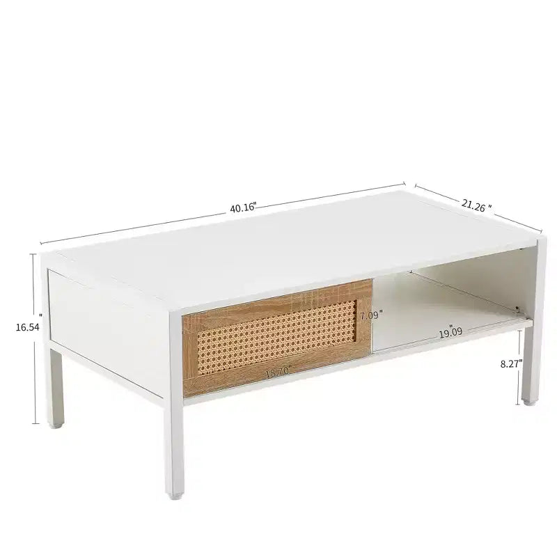 40.16" Rattan Coffee Table with Sliding Door Storage and Metal Legs