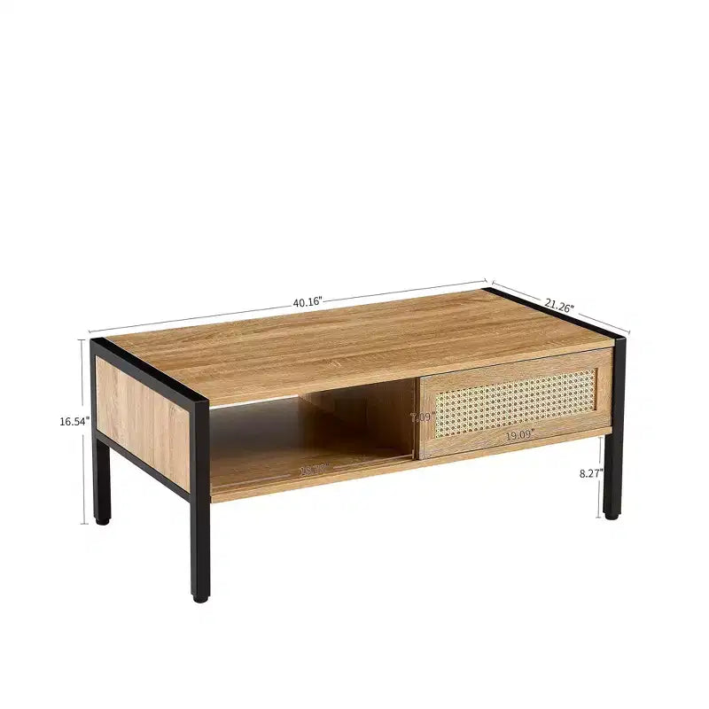 40.16" Rattan Coffee Table with Sliding Door Storage and Metal Legs