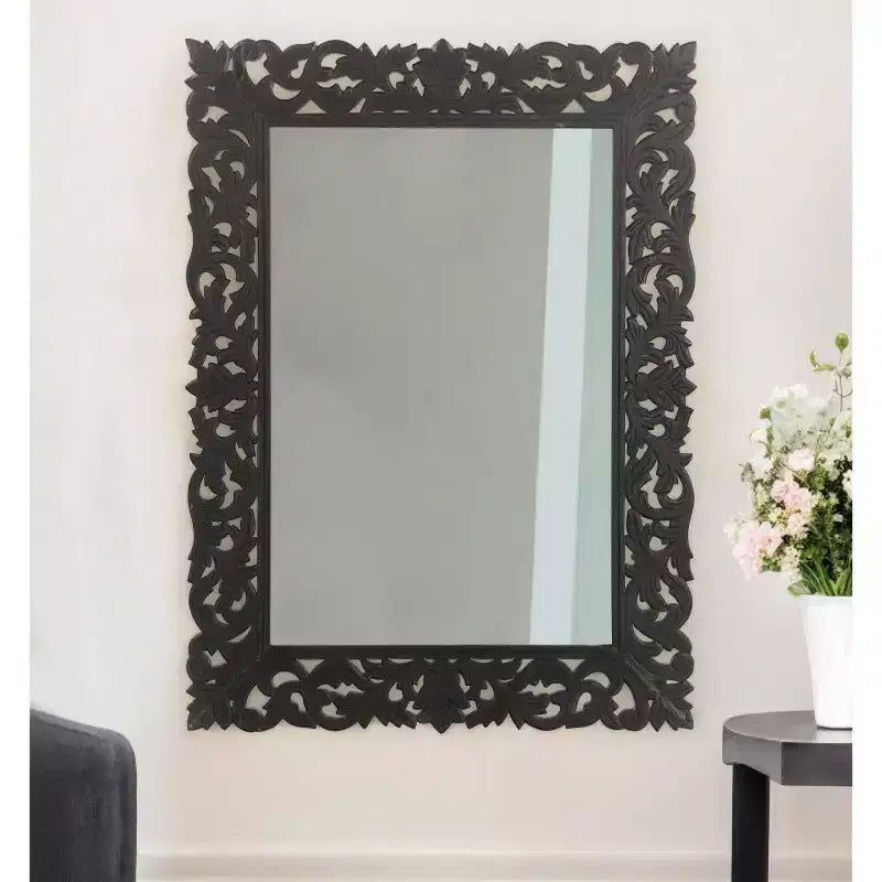47" Black Floral Carved Solid Wood Framed Accent Mirror