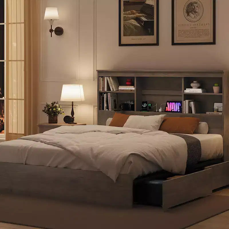 Queen Size Bed Frame with Storage Bookcase Headboard, 4 Drawers & Charging Station — No Box Spring Needed