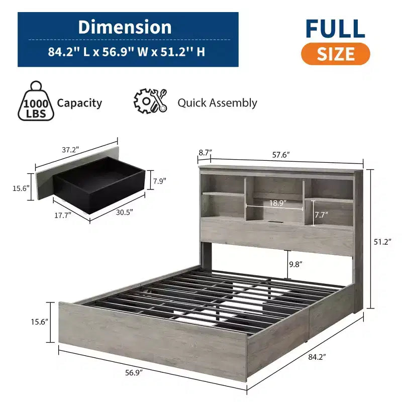 Queen Size Bed Frame with Storage Bookcase Headboard, 4 Drawers & Charging Station — No Box Spring Needed