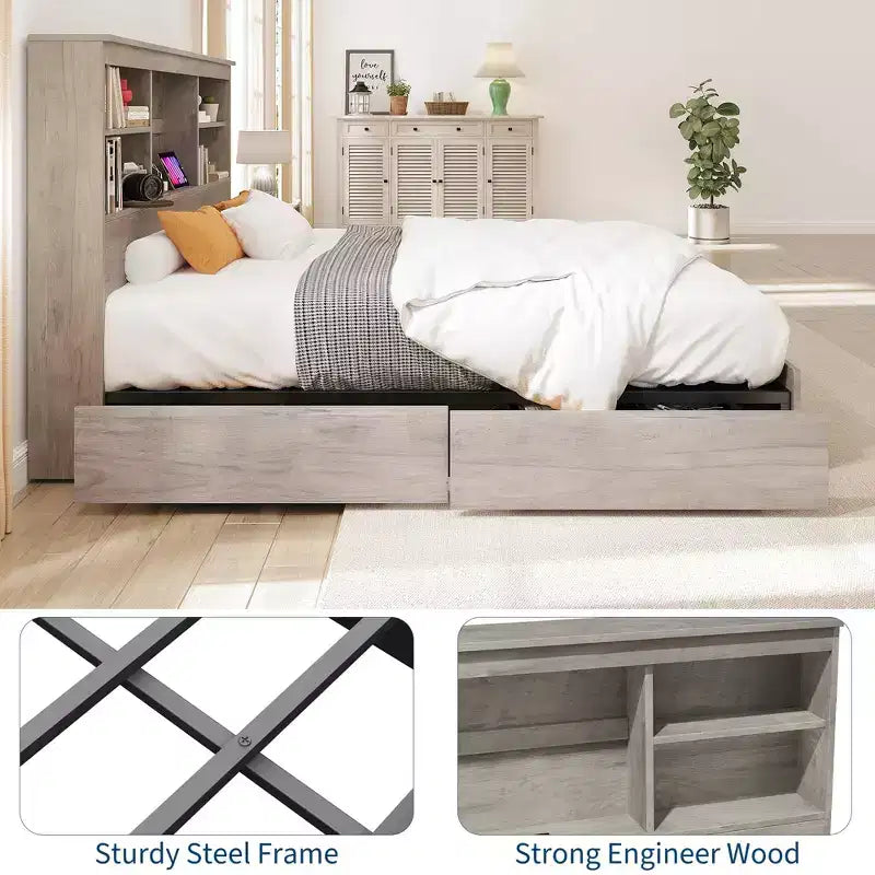 Queen Size Bed Frame with Storage Bookcase Headboard, 4 Drawers & Charging Station — No Box Spring Needed