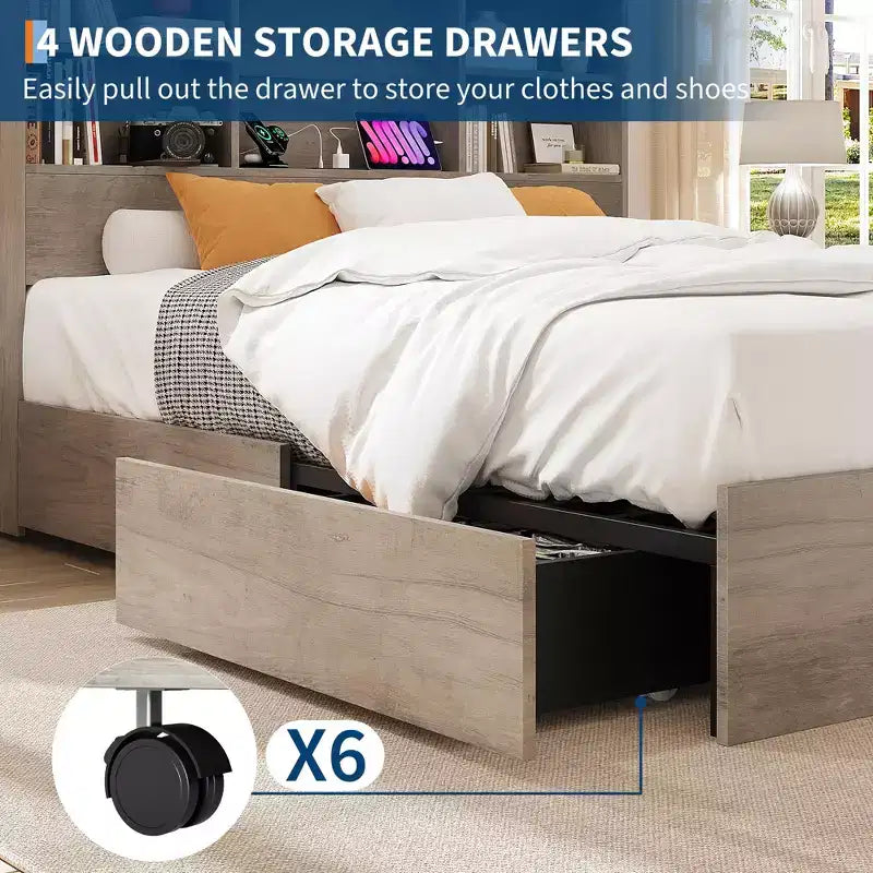 Queen Size Bed Frame with Storage Bookcase Headboard, 4 Drawers & Charging Station — No Box Spring Needed