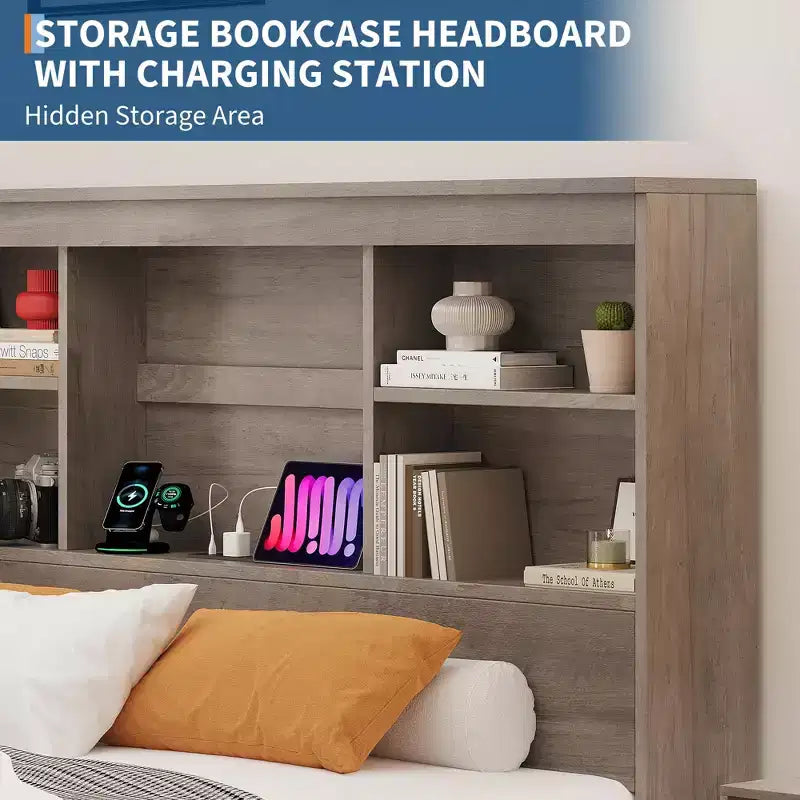 Queen Size Bed Frame with Storage Bookcase Headboard, 4 Drawers & Charging Station — No Box Spring Needed