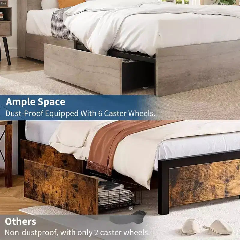 Queen Size Bed Frame with Storage Bookcase Headboard, 4 Drawers & Charging Station — No Box Spring Needed