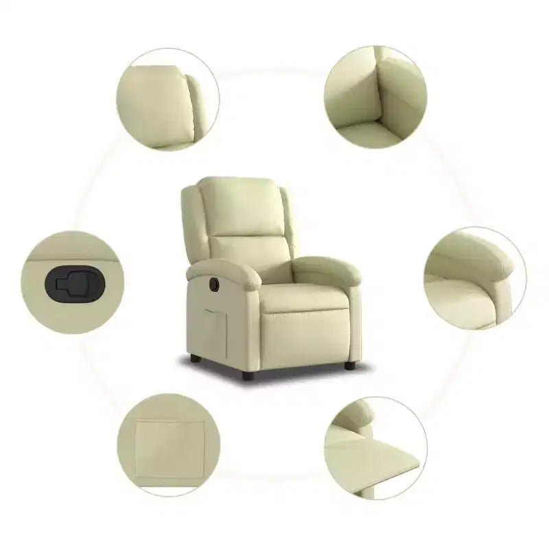 Fauteuil inclinable à dossier haut, en cuir véritable, manuel, sans massage - Crème
