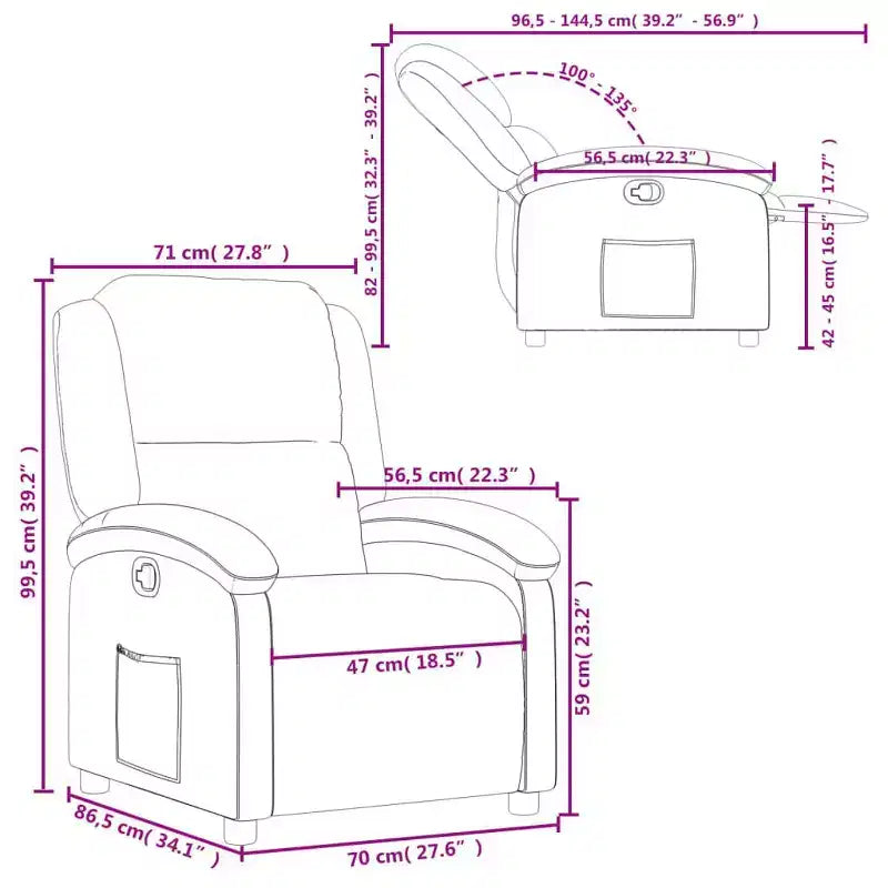 Fauteuil inclinable à dossier haut, en cuir véritable, manuel, sans massage - Crème