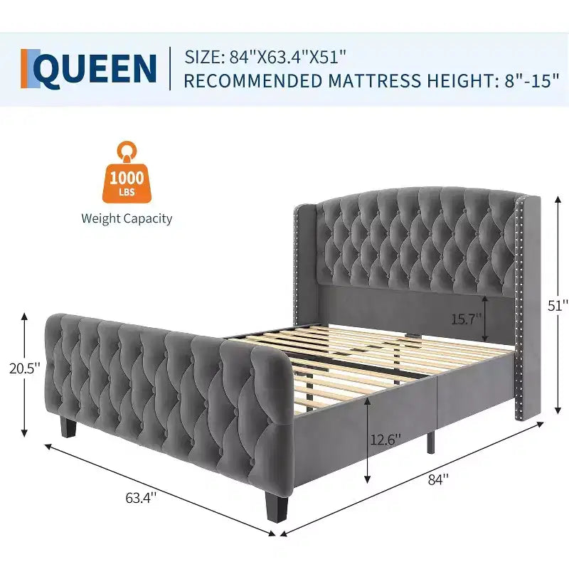 51 Tall Bed Frame with Deep Button Tufted Wingback Headboard and Footboard, Velvet Upholstered Platform Bed Frame, Easy Assemble