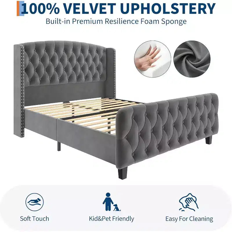 51 Tall Bed Frame with Deep Button Tufted Wingback Headboard and Footboard, Velvet Upholstered Platform Bed Frame, Easy Assemble